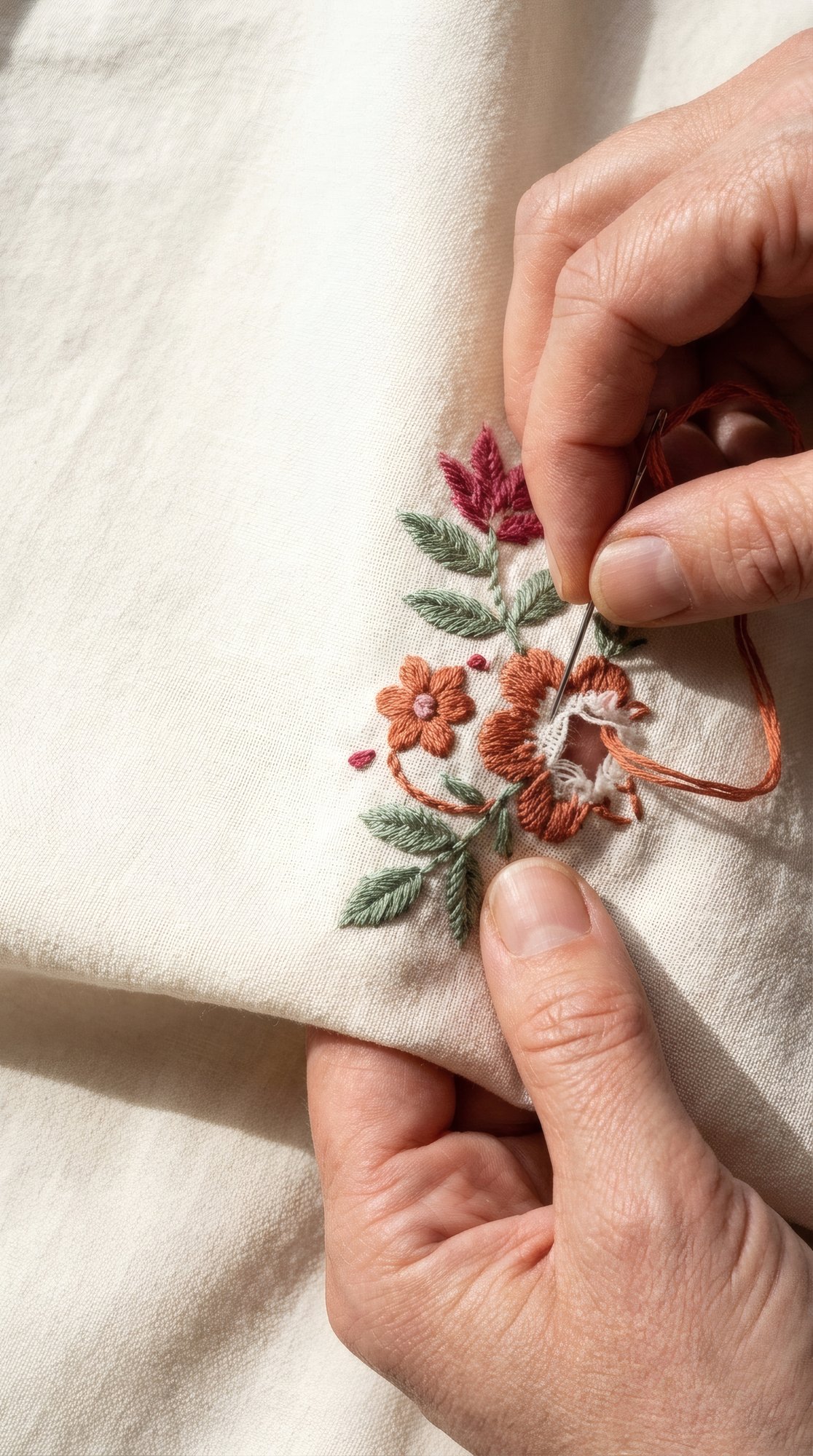 Mano che ricama un fiore su tessuto pastello